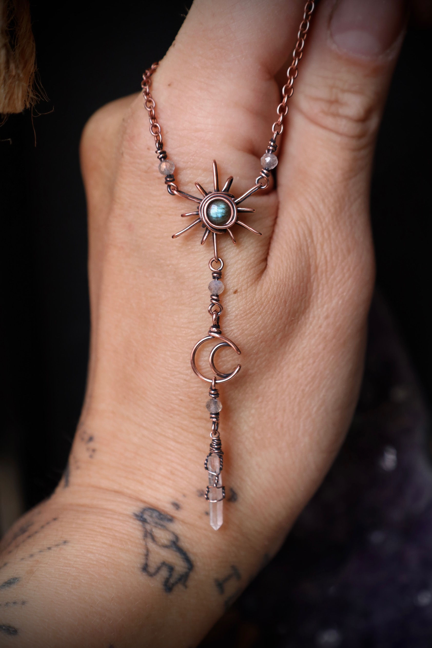 Labradorite Sun, Moon and Quartz Crystal Dangle Copper Necklace
