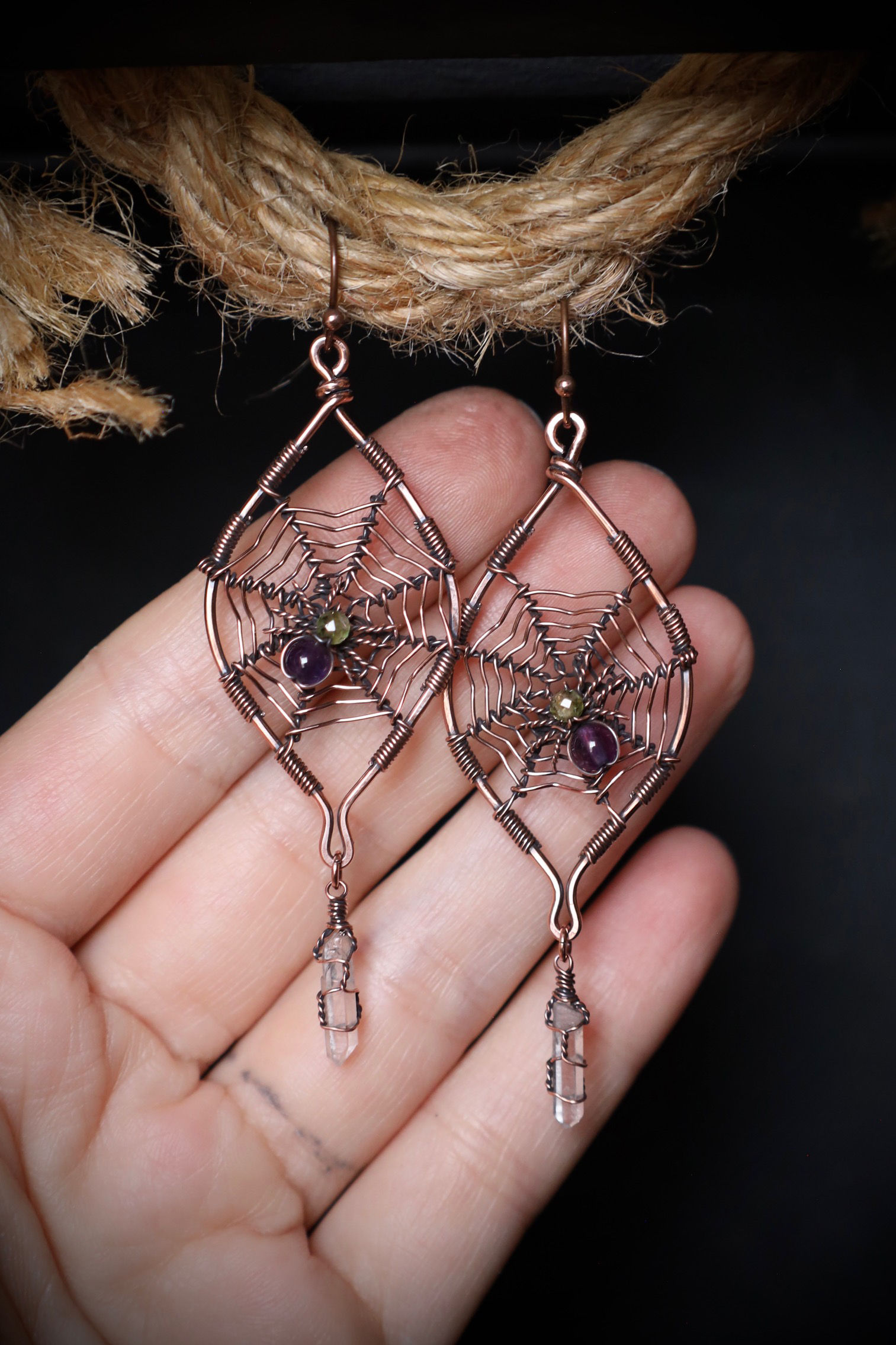 Amethyst and Peridot Spider and Web Earrings in Copper