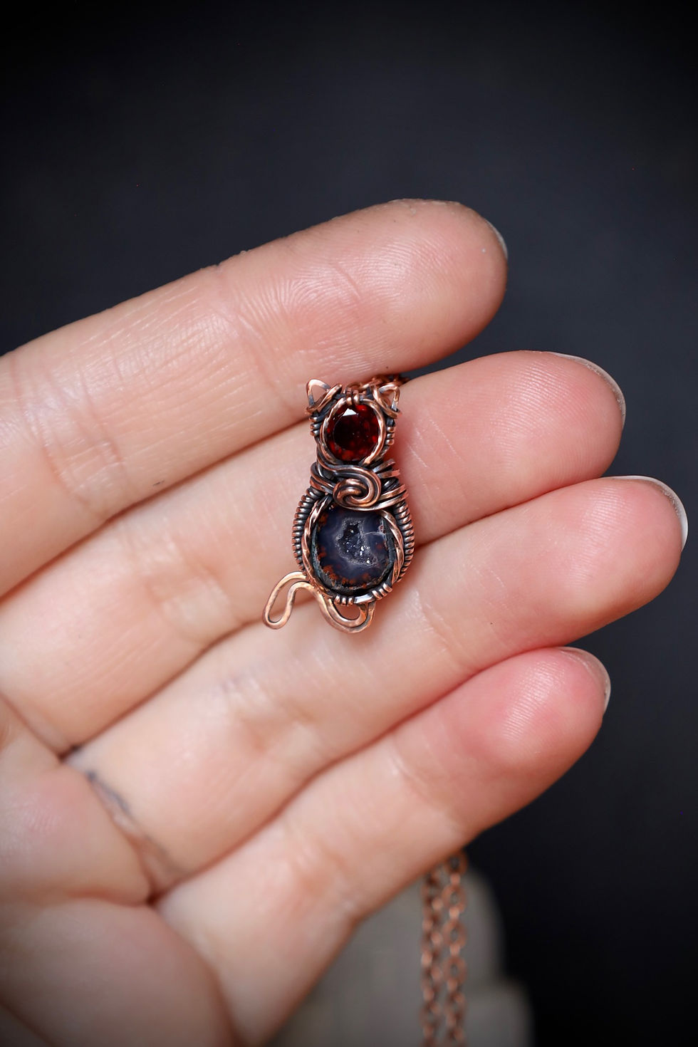 Thumbnail: Cat Garnet and Tiny Geode Copper Pendant