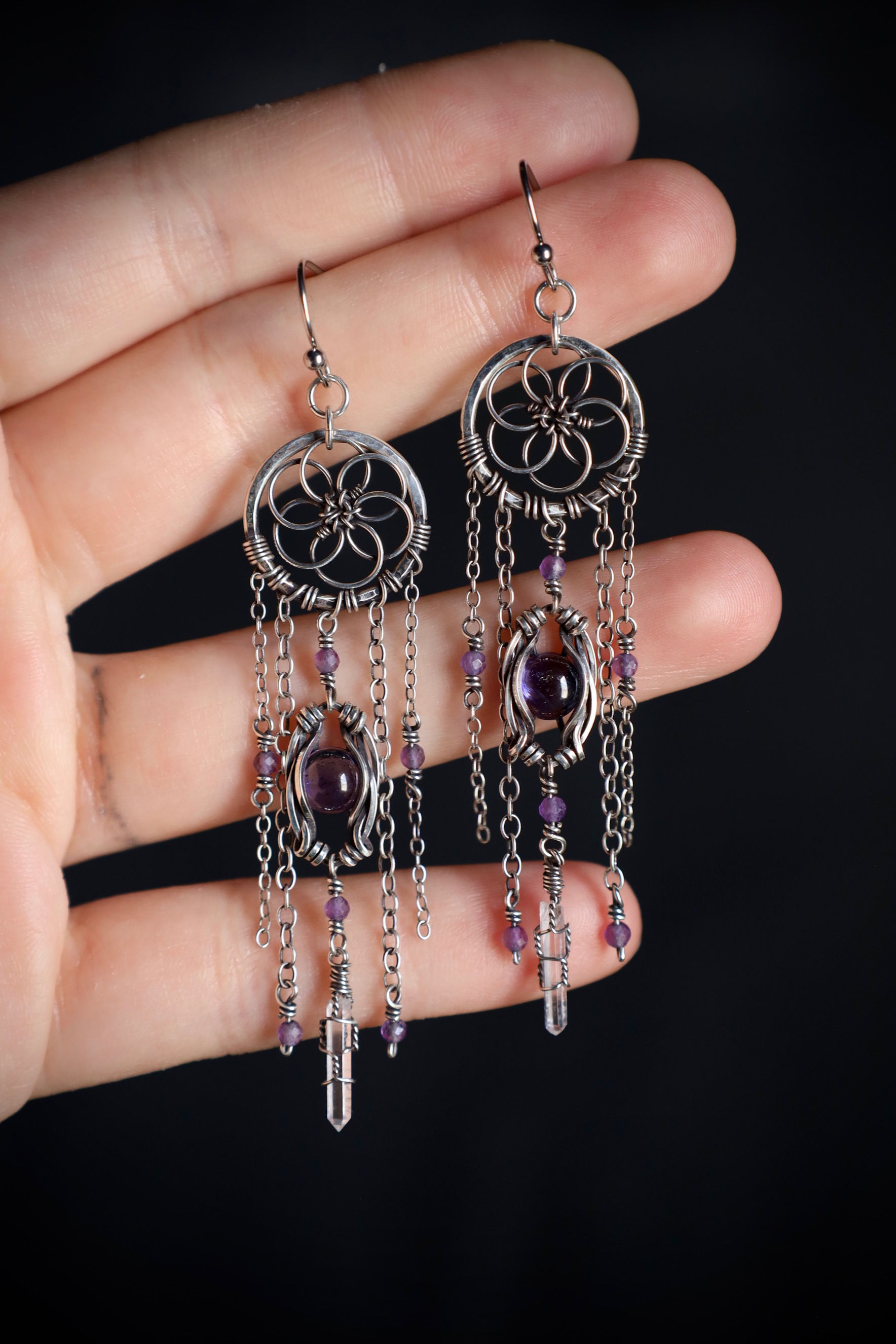 Iolite, Amethyst, Quartz Crystal Flower of Life Dangly in Solid Sterling Silver