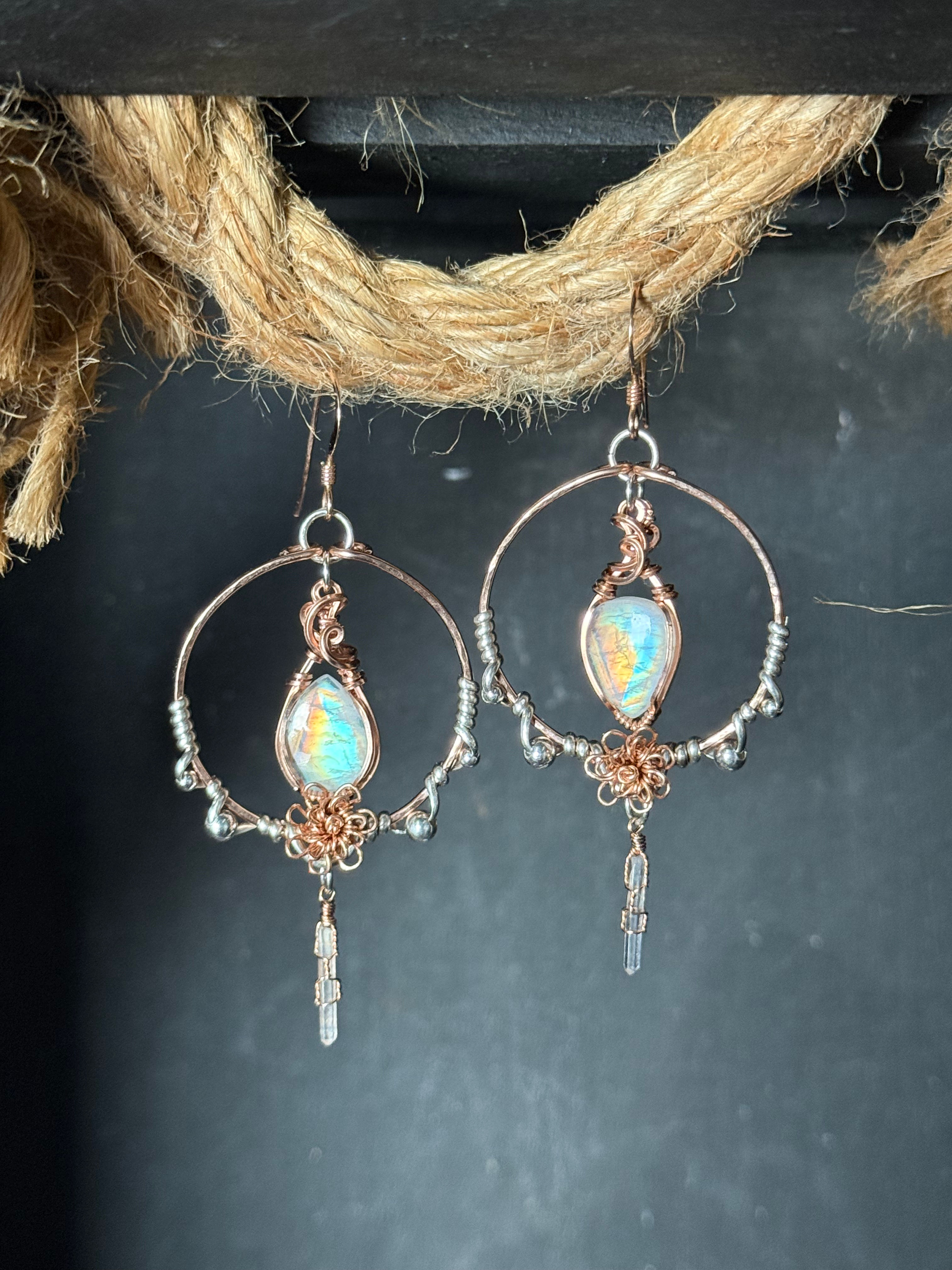 Moonstone and Quartz Crystal Flower Earrings in 14k RG-fill & Sterling Silver