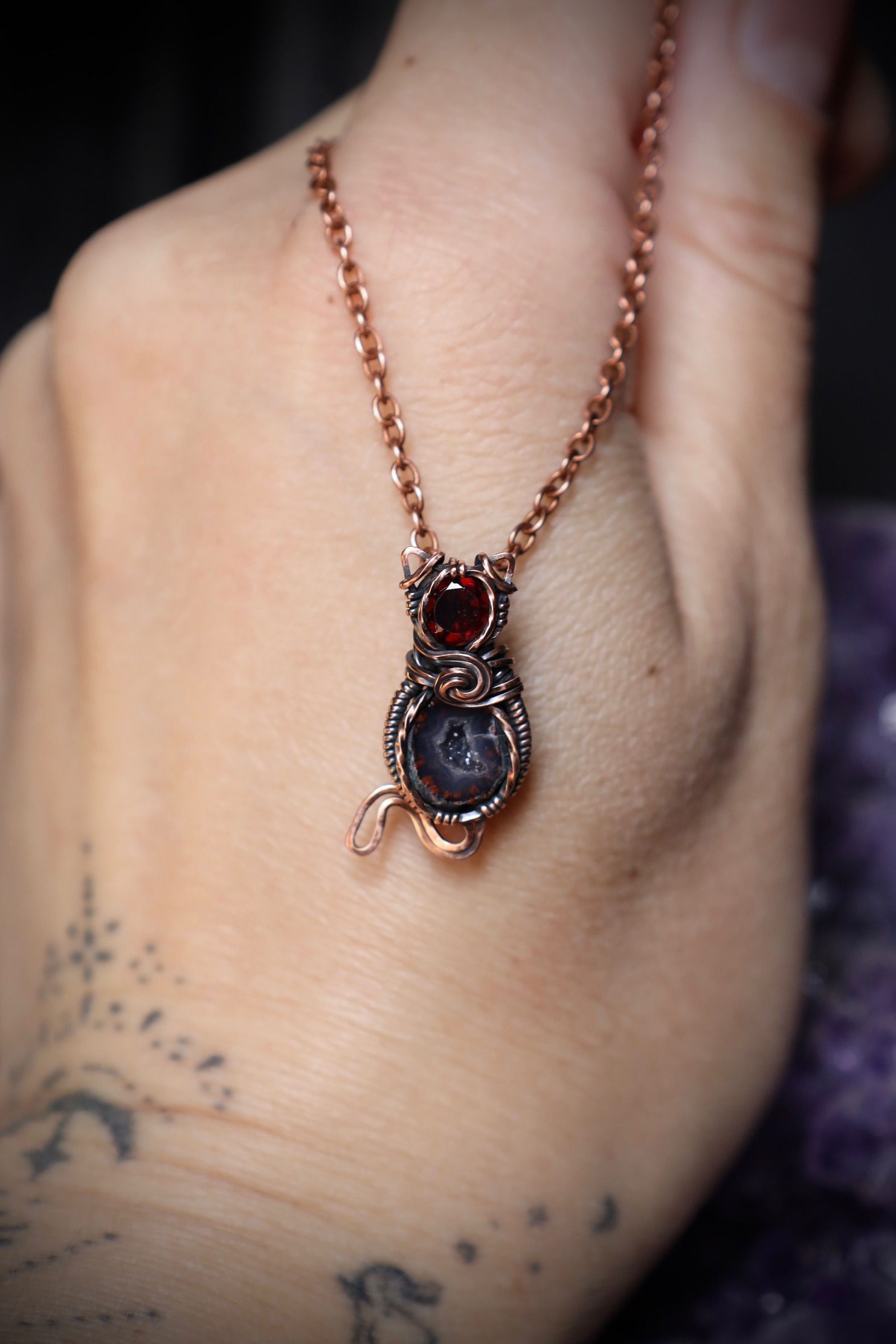 Cat Garnet and Tiny Geode Copper Pendant