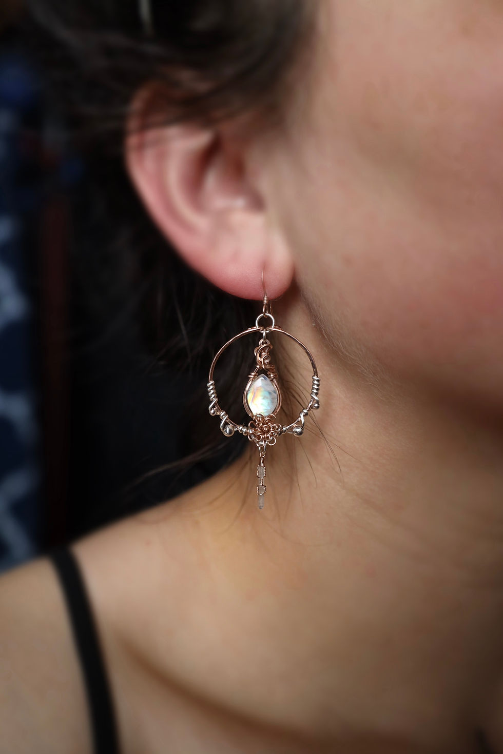 Thumbnail: Moonstone and Quartz Crystal Flower Earrings in 14k RG-fill & Sterling Silver