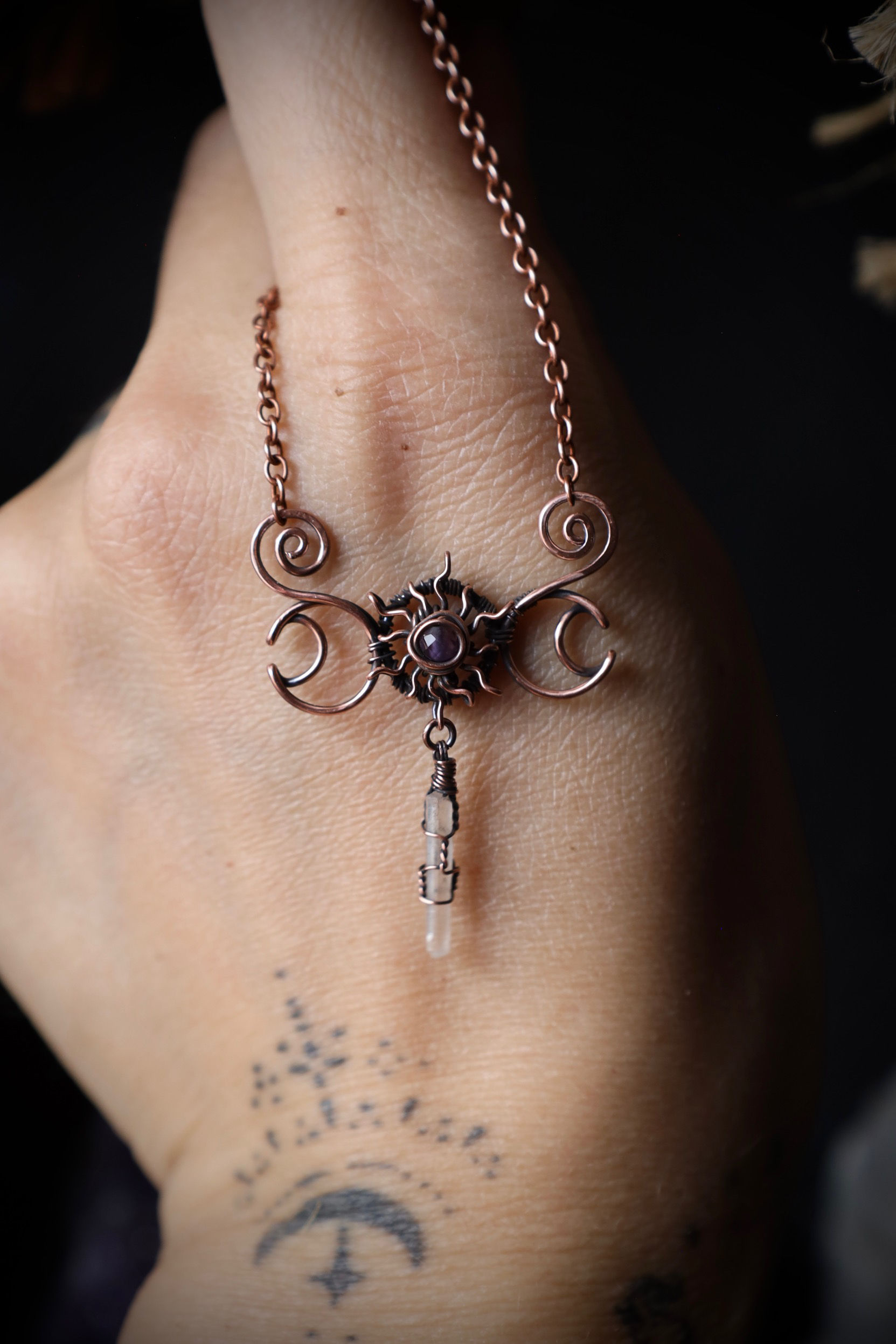 Amethyst Sun, Double Moon and Quartz Crystal Dangly Copper Necklace