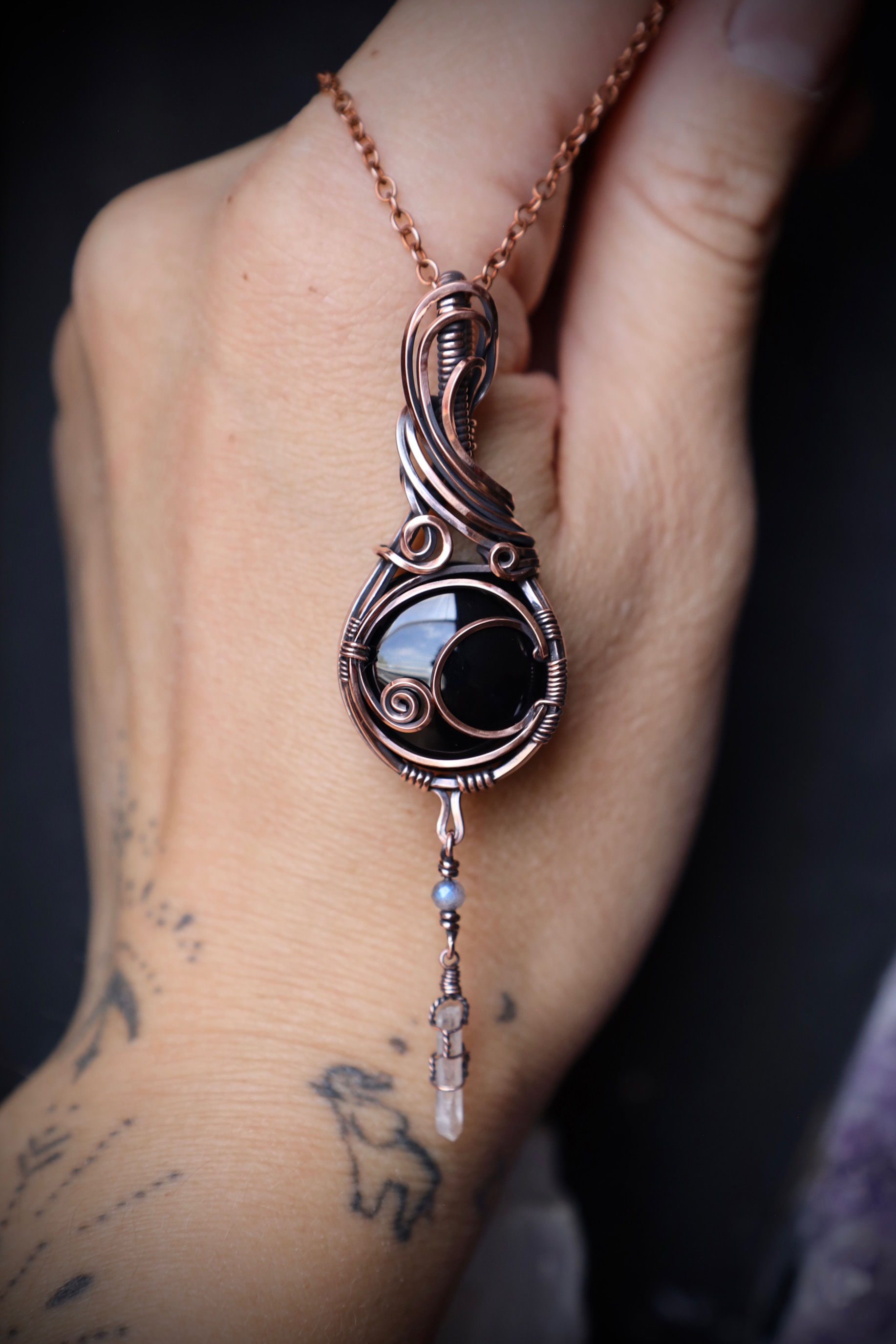 Black Onyx Moon, Lab & Quartz Crystal Copper Pendant