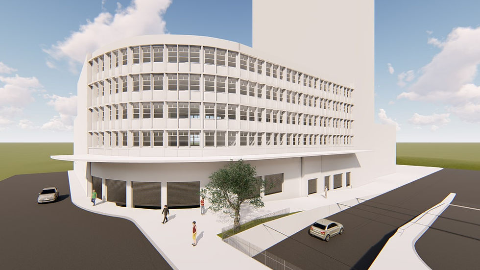 Render de prédio branco curvo de vários andares, com pessoas e carros na rua, céu azul com nuvens e clima moderno.