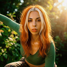 Ari captured in forward leaning pose outdoors, illuminated by golden sunlight