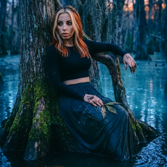 Ari with copper hair and mud on her face sits on mossy cypress tress root in dark swamp wearing all black two piece outfit