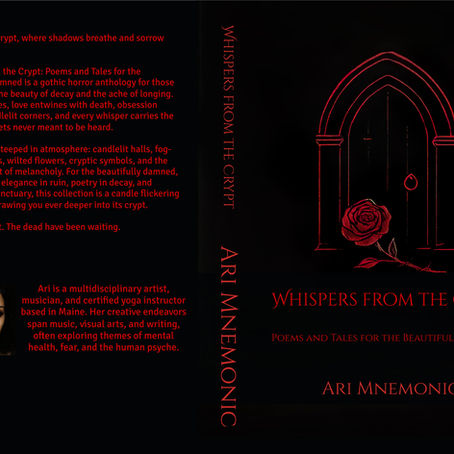 Gothic book cover: red rose and arched door on black. Text reads "Whispers from the Crypt" by Ari Mnemonic. Eerie, mysterious mood.