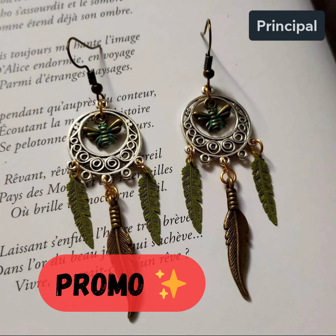 Moyennes boucles d'oreilles attrape-rêve vertes breloques abeille