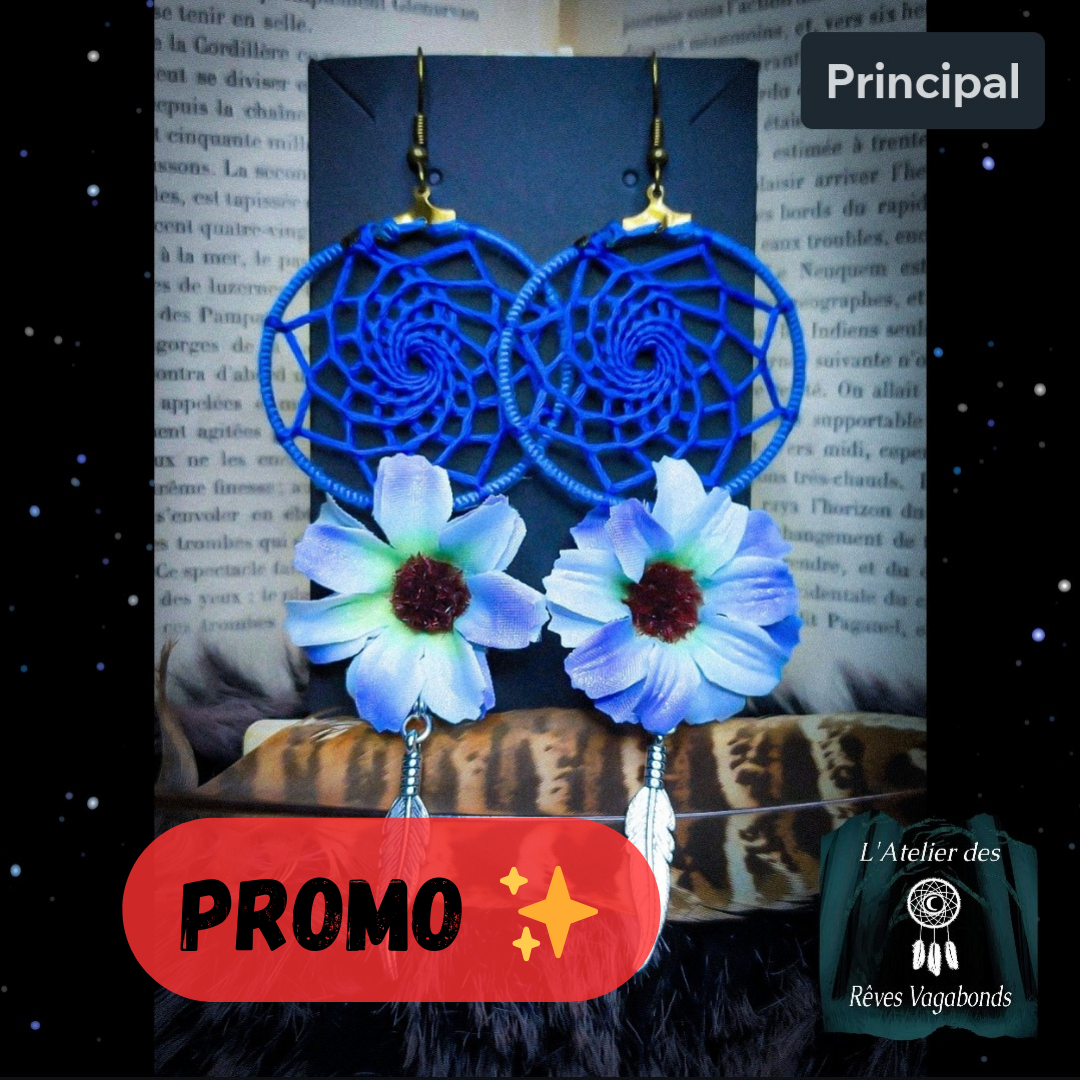 Boucles d'oreilles attrape-rêve bleues - fleurs artificielles