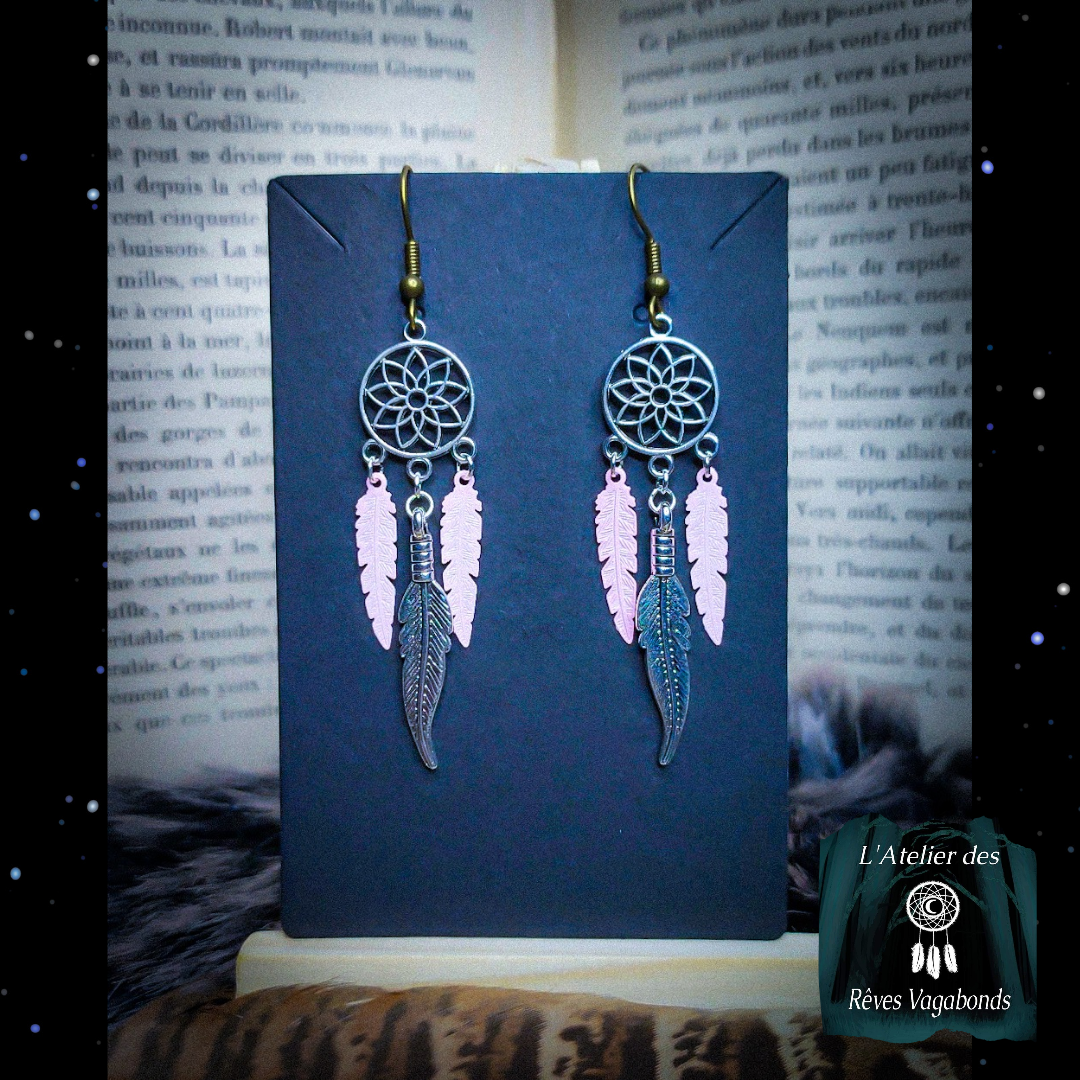 Petites boucles d'oreilles attrape-rêve breloques plumes roses C et argentés