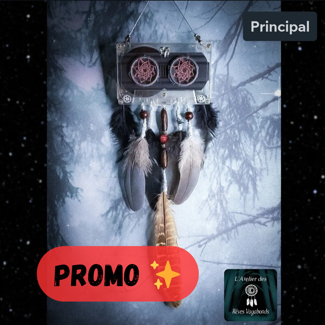 Attrape-rêve cassette audio gris & vieux rose, breloque tête de bouc