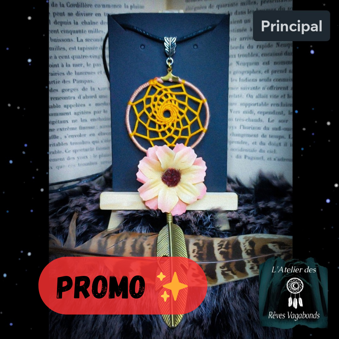 Collier attrape-rêve rose & orange - fleur artificielle.