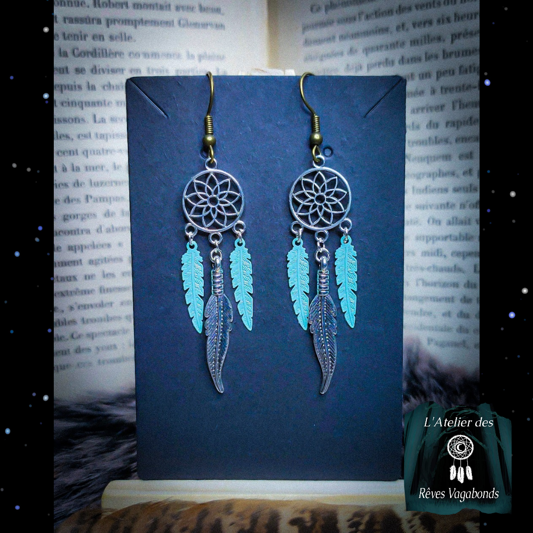 Petites boucles d'oreilles attrape-rêve breloques plumes bleues C et argentés