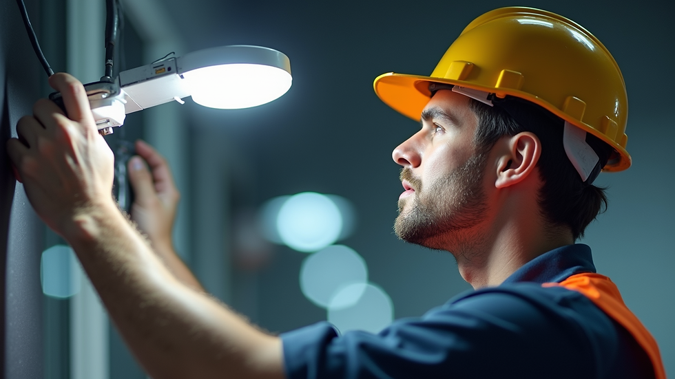 Close-up view of electrician installing LED commercial lighting fixture