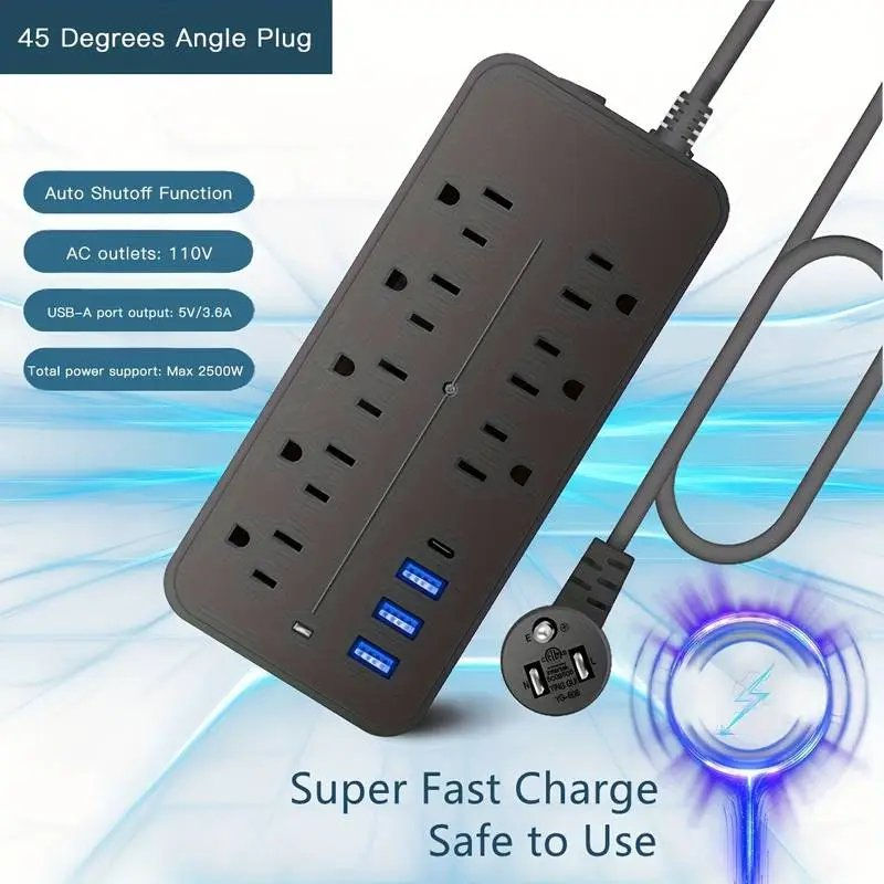 Miniatura: Power Strip Surge Protector - 8 Outlets, 3 USB Ports & 1 USB-C Port