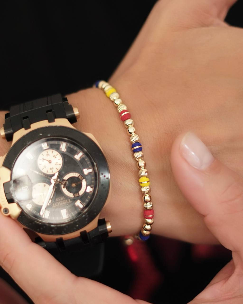 Pulseras para parejas. Pulseras oro laminado 18k. Pulsera Colombia tricolor. Inara oro laminado 18k