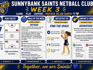 Sunnybank Saints Netball Club Week 3 graphic covering the 7 netball positions, the offside rule, a NetSetGo space-finding tip for younger players, and the umpire's advantage rule.