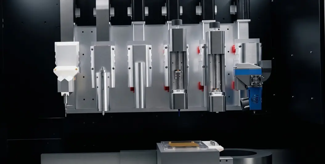 Macro close-up view of the MITO Ultra multi-toolhead setup and robotic gantry carriage configured for high-precision multi-material biofabrication