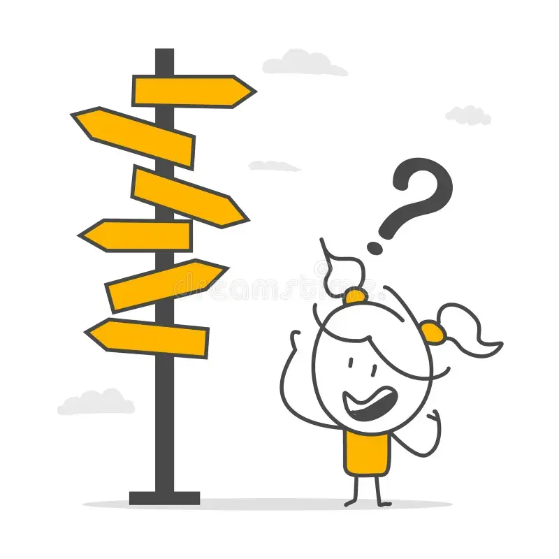 Girl with pigtails standing at base of sign post wondering where to go.
