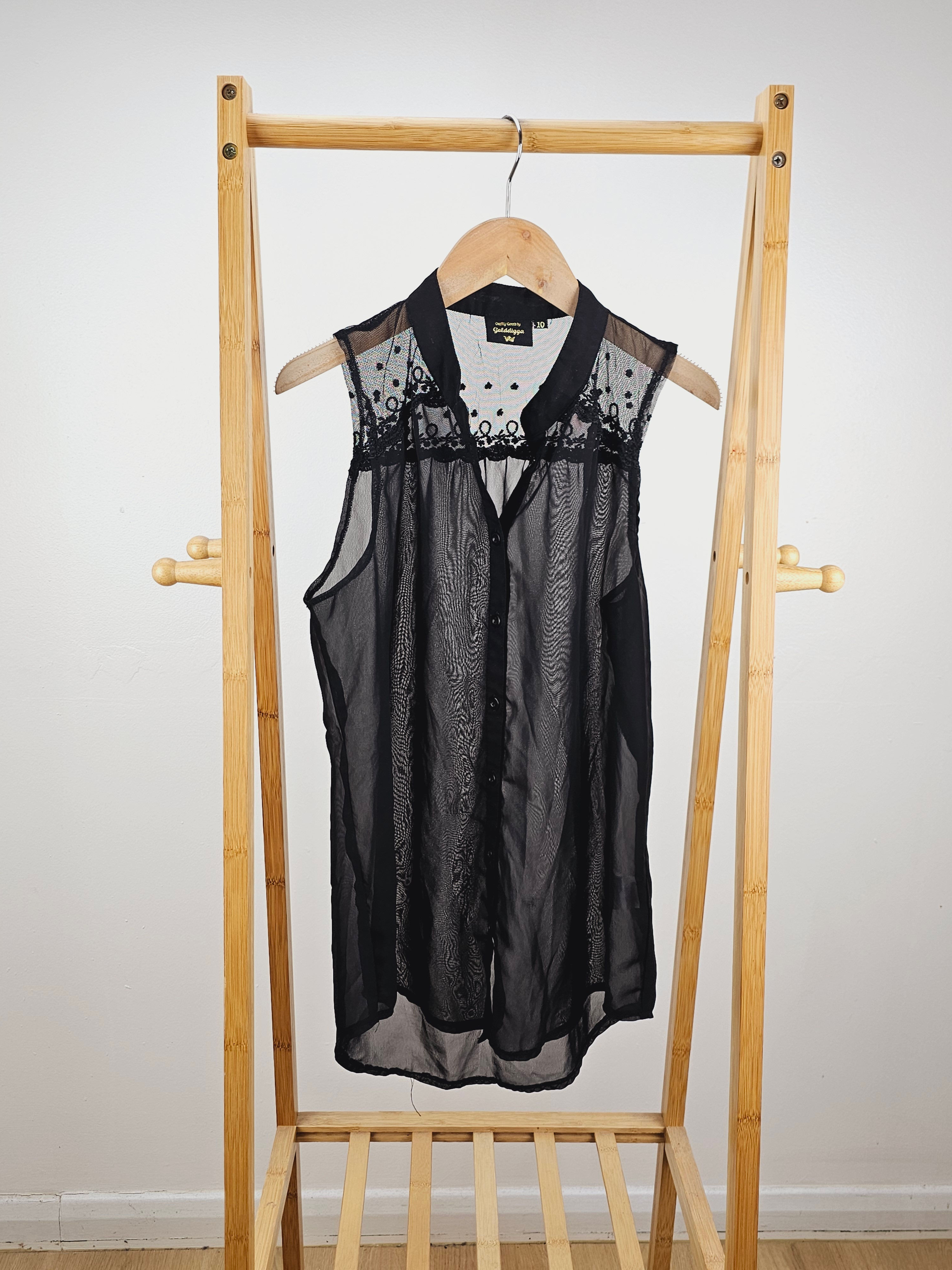 Golddigga black sheer sleeve less blouse size 10