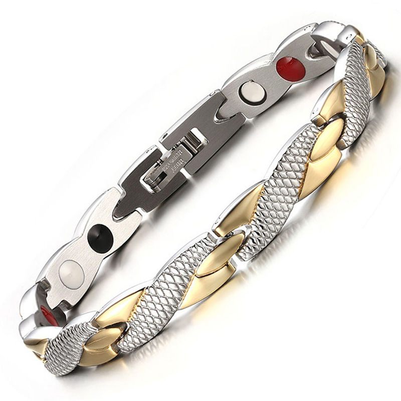 Pulseira Magnética Aço Inoxidável 316L - Filetes Dourados