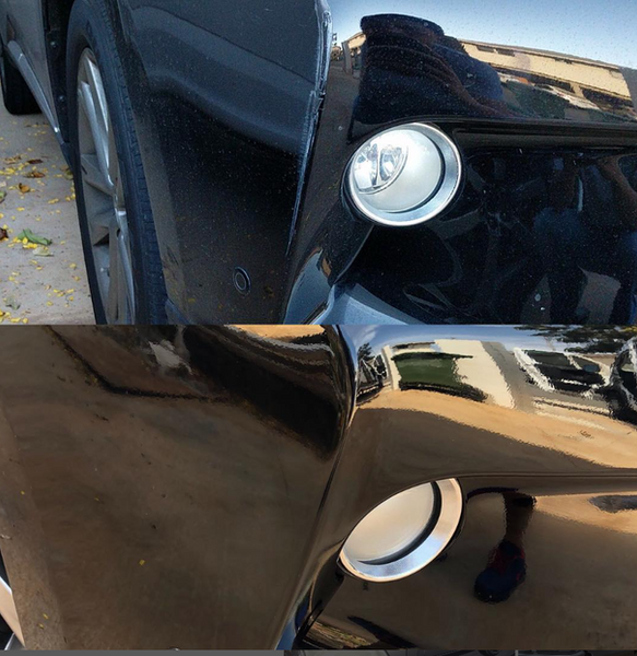 Damaged bumper corner before and after repair by Quick Fix Auto Hawaii