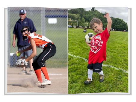 A book mockup with a picture of a young girl holding ball and mitt at a softball game on the left page and a boy holding a soccer ball on the right page.