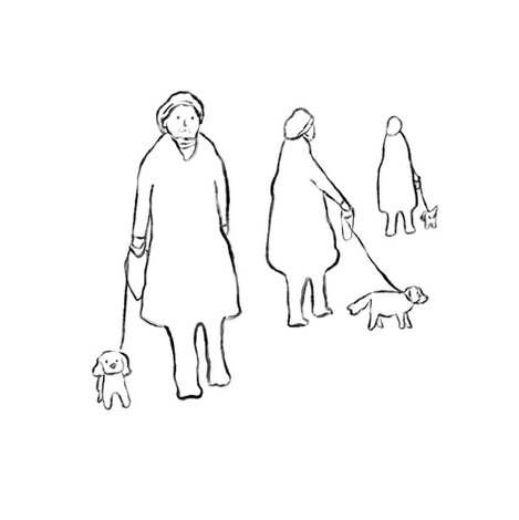 digital line drawing of an older figure walking a dog, in three different stages. Suitable for editorial illustration projects. 