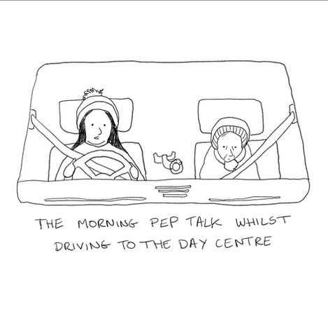 A line drawing of two people in a car, the younger woman is driving and an older woman sits in the passenger seat looking belligerent 