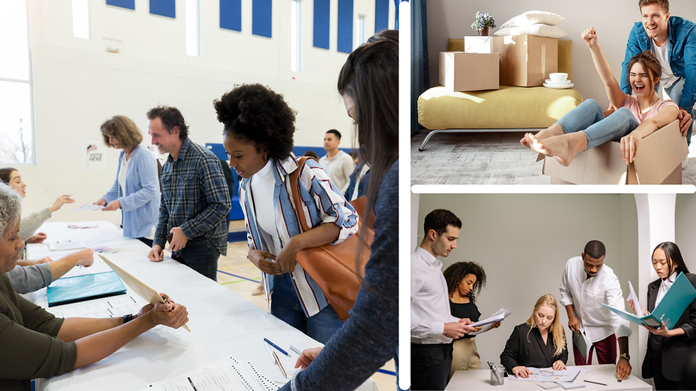 Traditional Voting and Foot Voting: Two Methods of Democratic Participation- Image of a women woting, a family moving into their homw, and colleagues working together in an office. 