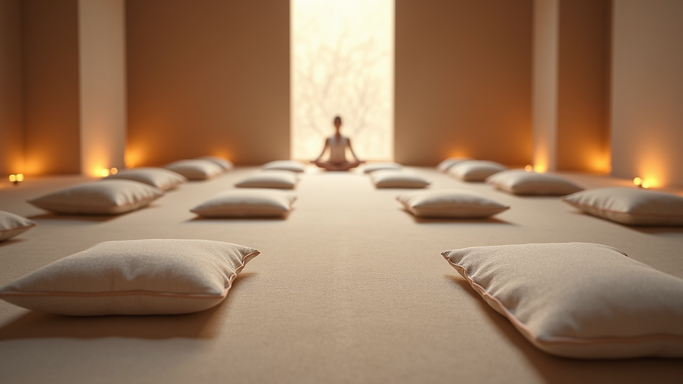 Eye-level view of a quiet meditation space with cushions and soft lighting