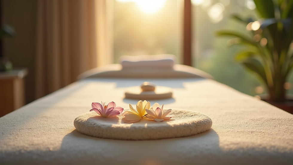 Close-up view of a massage table with calming natural elements
