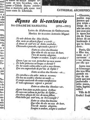 Recorte de jornal com o Hino do Bicentenário da Cidade de Mariana.
