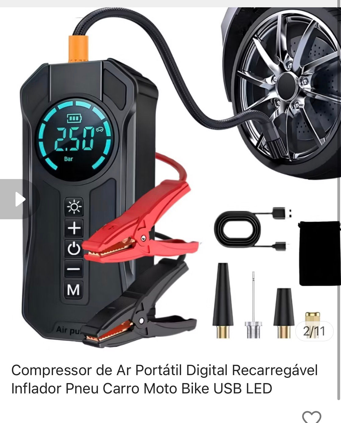 Compressor de Ar Portátil Digital Recarregável 4 em 1