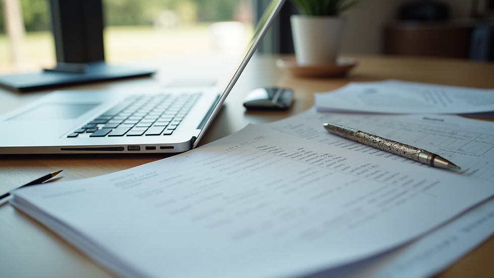 High angle view of a clean workspace featuring a laptop and organized documents