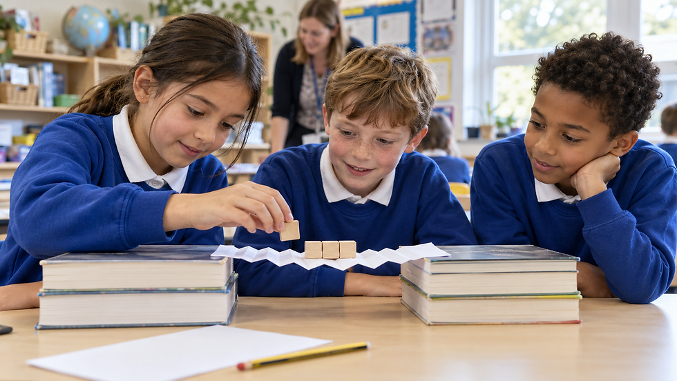 Children testing a folded paper bridge with wooden cubes in a primary school classroom.