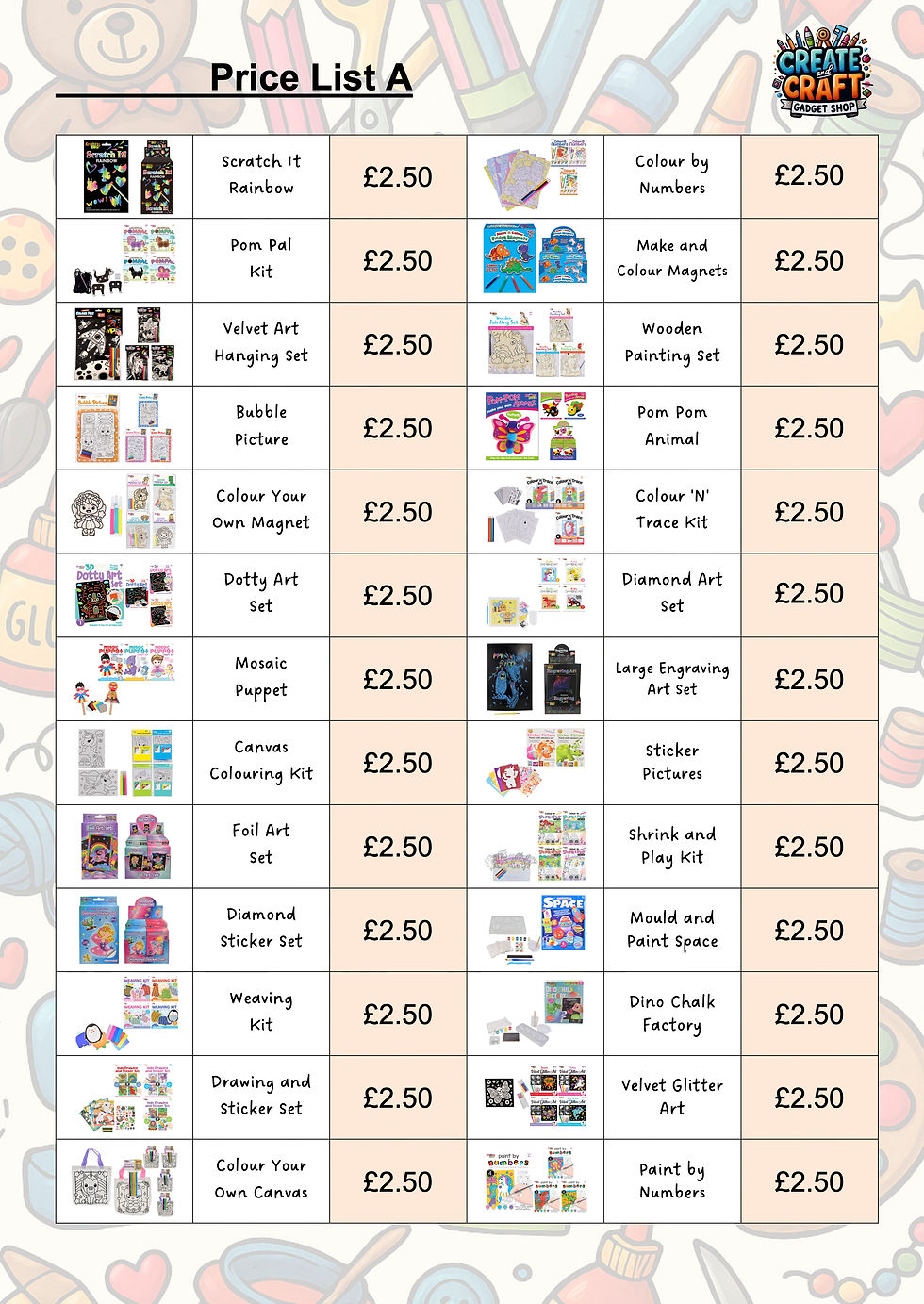 Create and Craft Price List