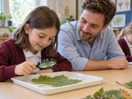 Primary pupil examining a leaf through a magnifying glass while a teacher listens beside her.