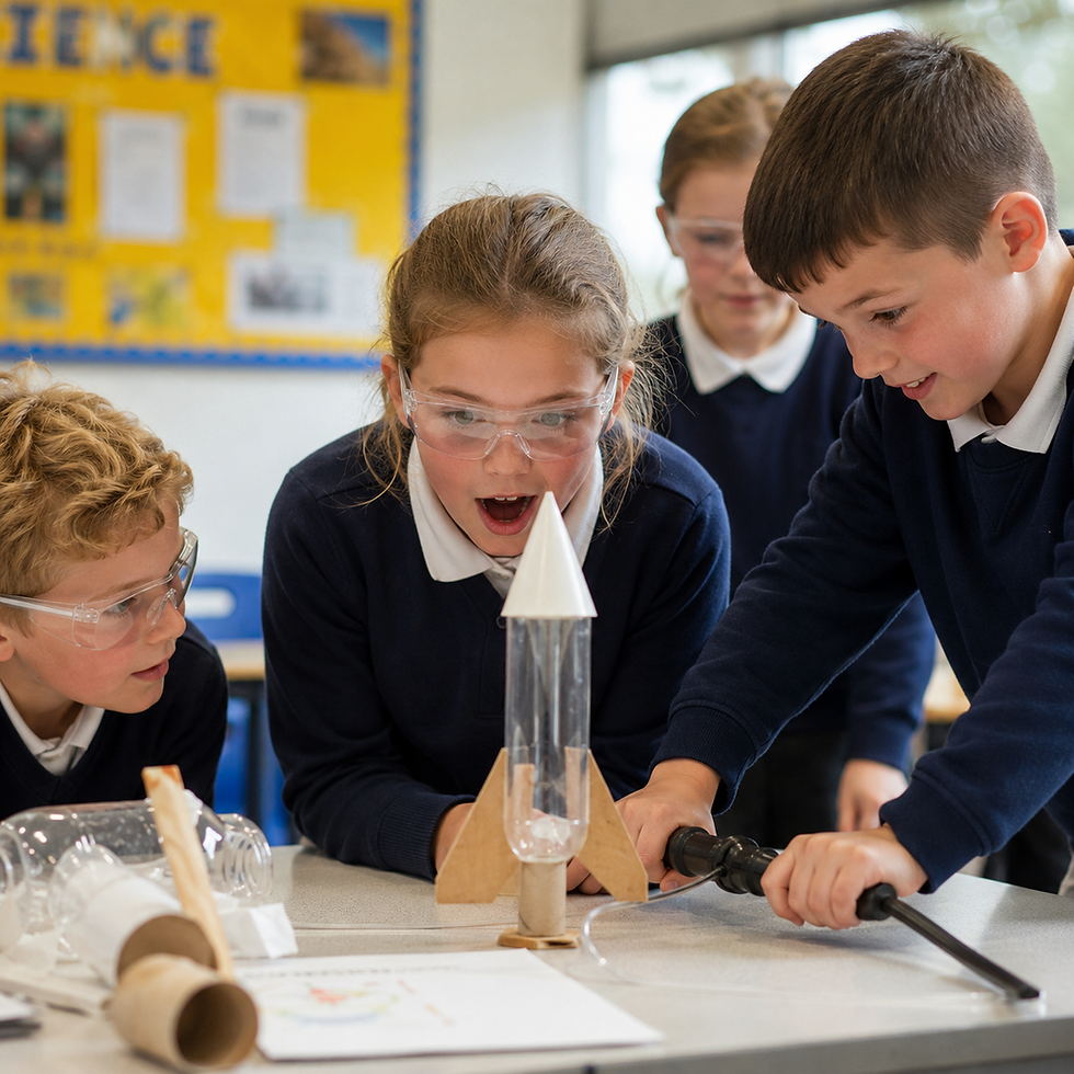 Children taking part in a hands-on STEM enrichment activity in a primary school classroom by launching a model rocket during a science lesson.