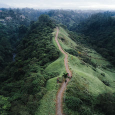 path through a forested mountain ridge
