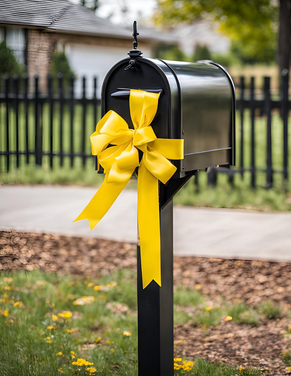 black mailbox with yellow ribbon tied around it