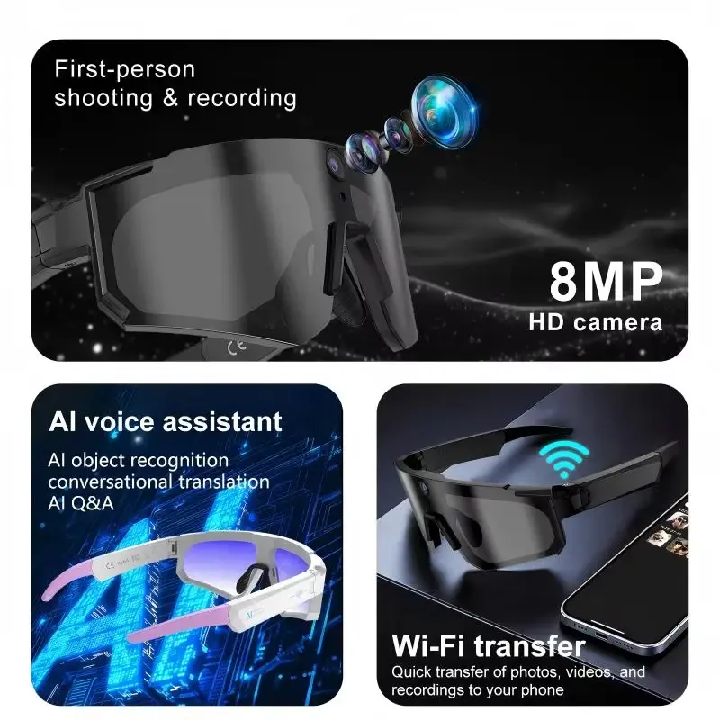 Miniatura: Lenovo 2026 New ChatGPT AI Smart Glasses 2400W 1080P Anti Shake Video Sport Cycl