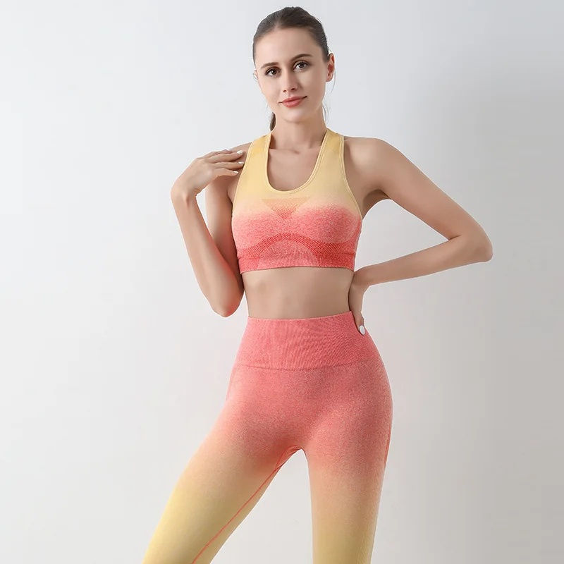 Conjunto top+calça legging feminino de cintura alta, push-up, modelagem degradê