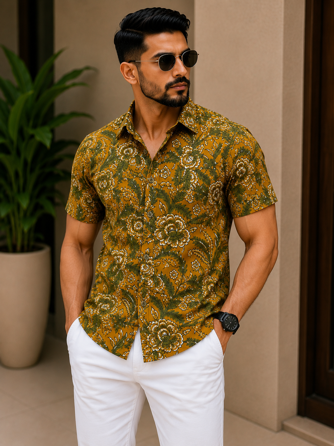 Indiasi Men's Mustard Olive Print Cotton Shirt