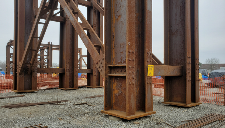 Wide-angle view of a rusted steel frame at an industrial worksite