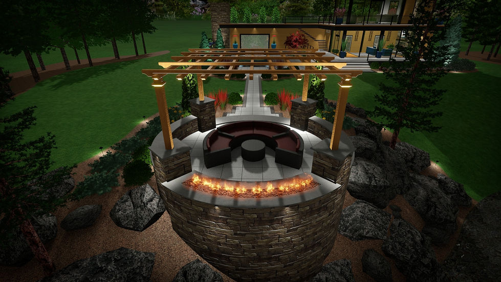 Outdoor seating area with fire feature and pergola.