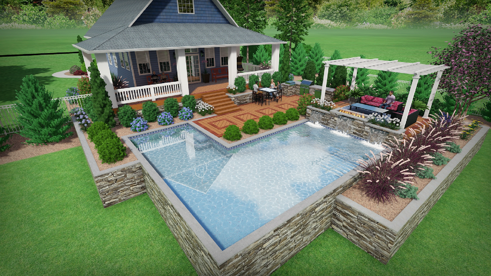 Backyard with pool, patio, and seating area.