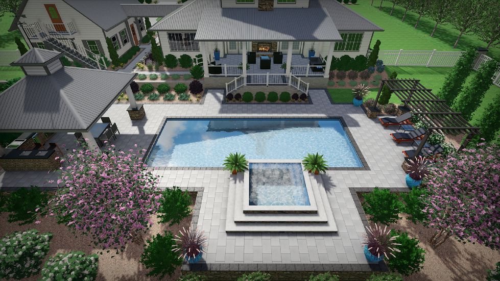 Modern backyard with pool and landscaped garden.